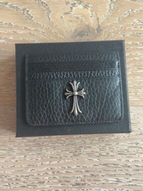 Black Leather Card & Key Holder with Silver Cross Emblem